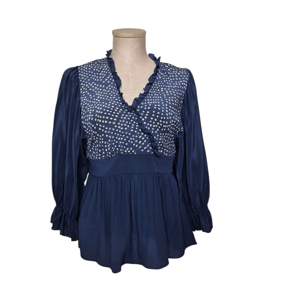BCBGMAXAZRIA 100% Silk Blouse Ruffle Wrap 3/4 Sleeve Top Peplum